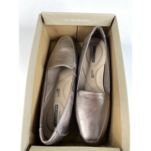 New Clarks Juliet Lora Pewter Leather Soft Gold Loafer Metallic Slip On Size 6.5 - Picture 1 of 8
